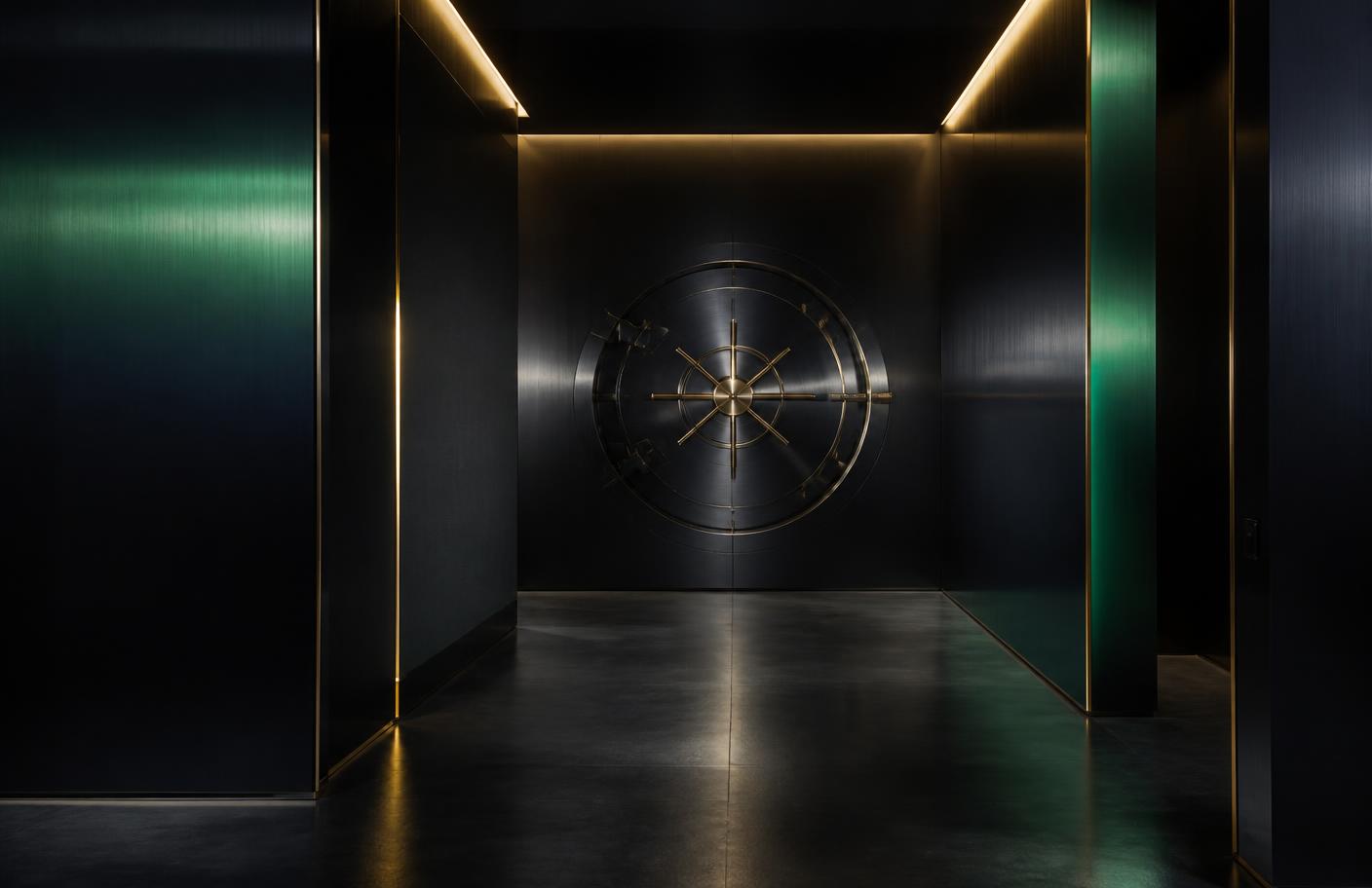 A dark secure vault corridor lit with soft gold and emerald light